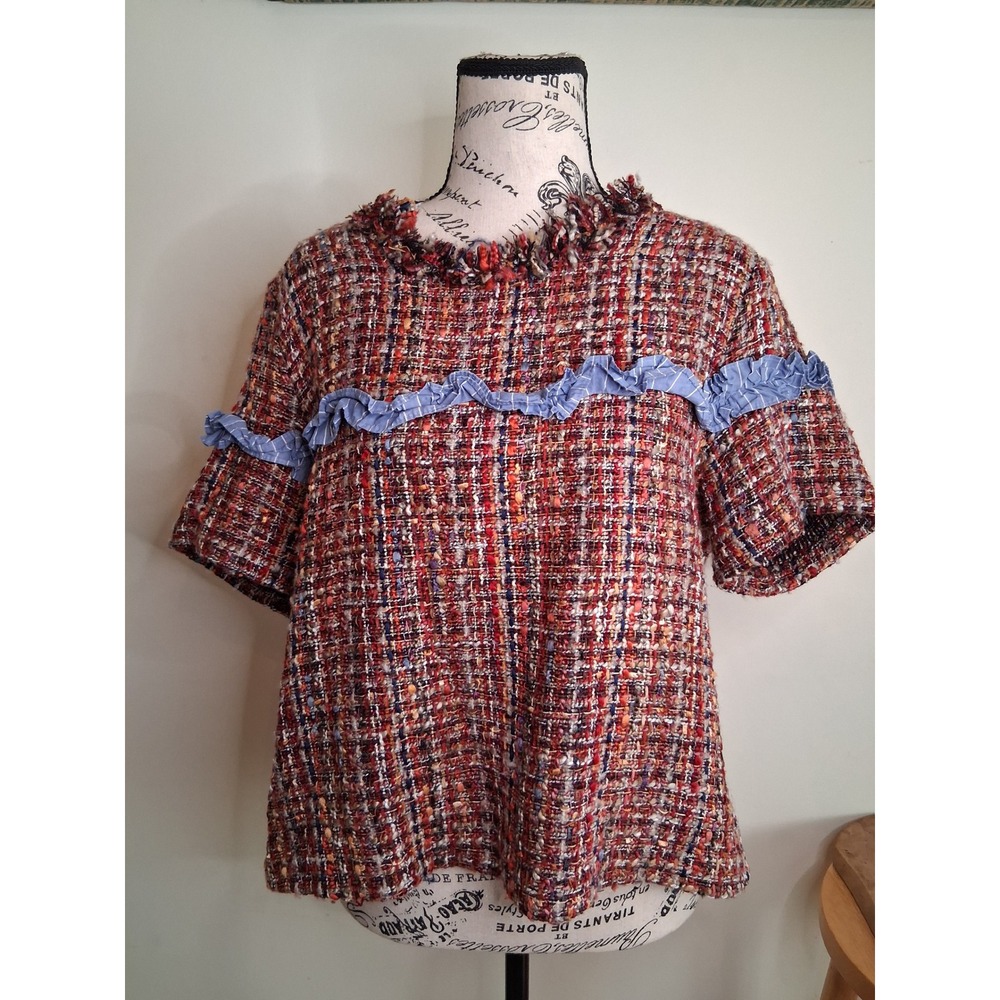 Zara Woman Multicolor Tweed Boucle Ruffle Trim Short Sleeve Top Large
